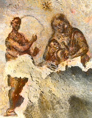 Balaam (?) pointing to the Star of Bethlehem. Priscilla Catacomb, Rome (c. 160–230 CE).