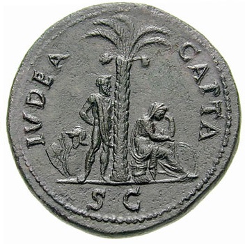 Sestertius of Vespasian, struck in 71 CE to celebrate victory in the Jewish Revolt. The legend reads: IVDEA CAPTA — 